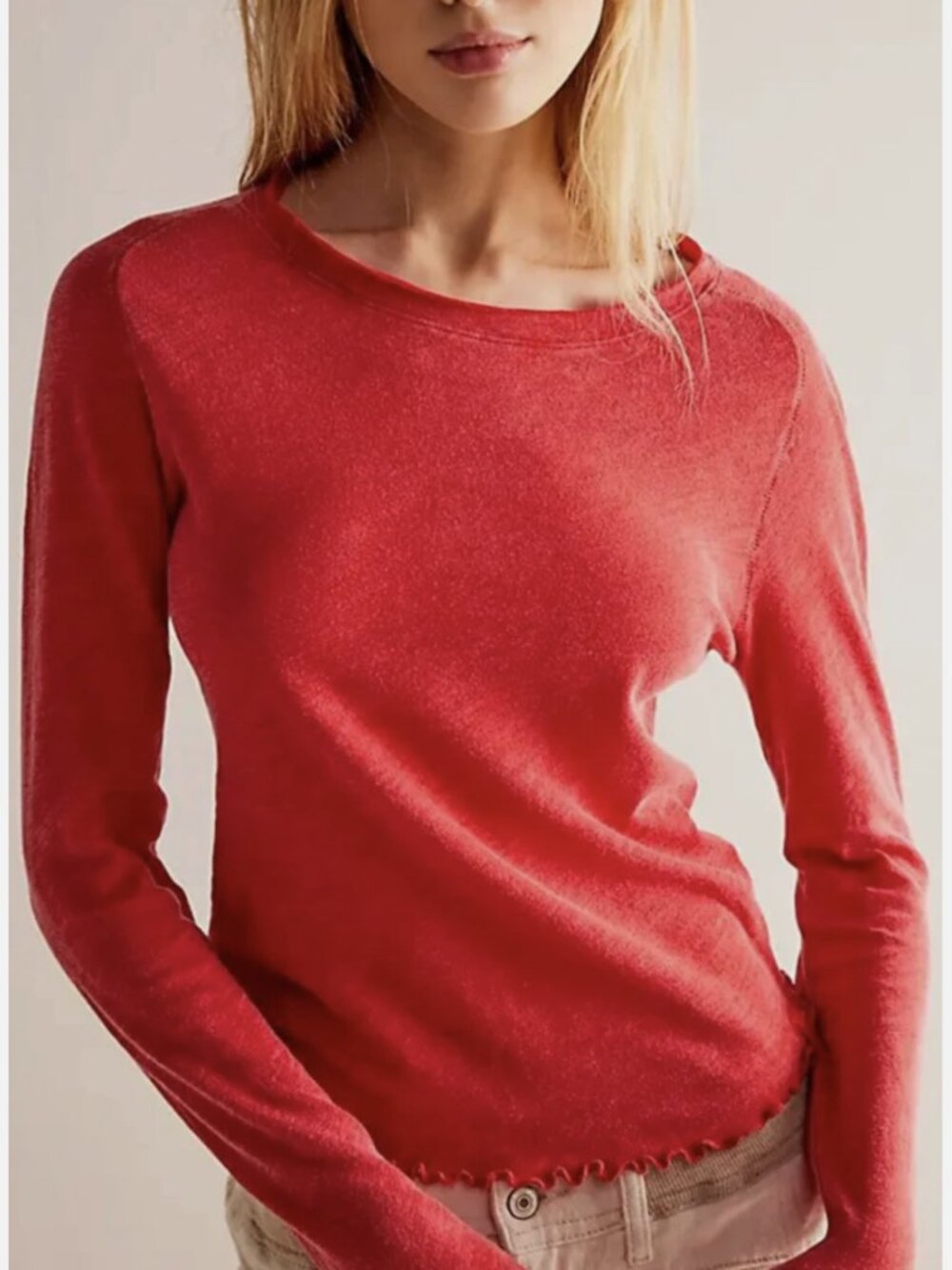 Free People Red Racer Long Sleeve Lettuce Hem Be My Baby Cotton Tee